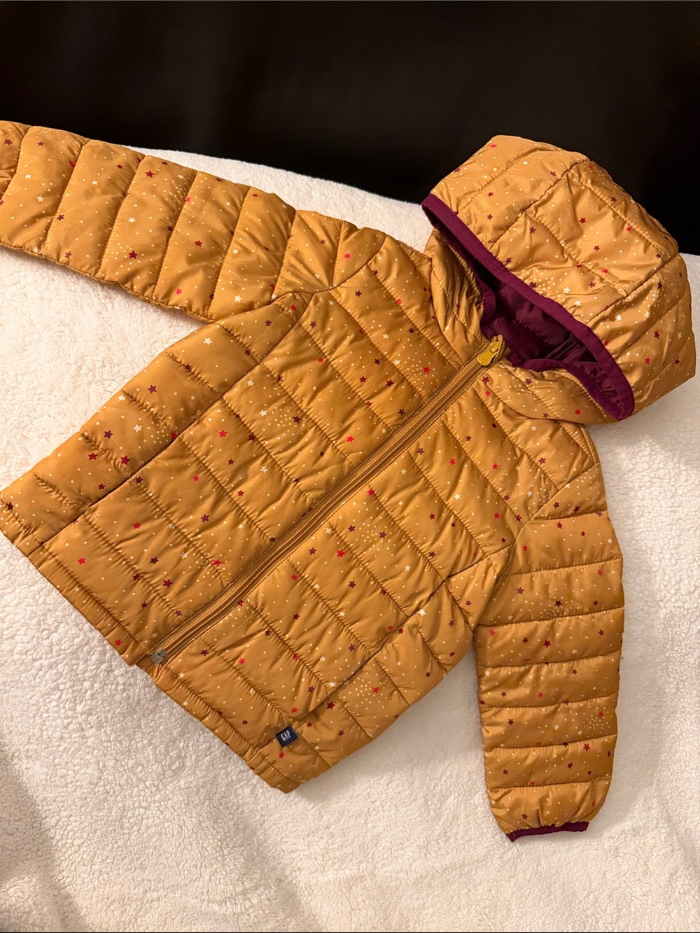 GAP Mustard Star-Print Puffer Jacket with Hood